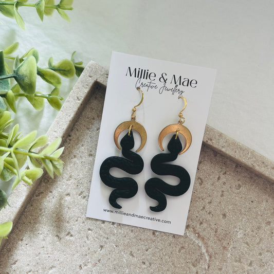 Crescent Moon Snakes | Polymer Clay Earrings